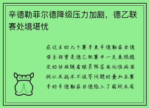 辛德勒菲尔德降级压力加剧，德乙联赛处境堪忧